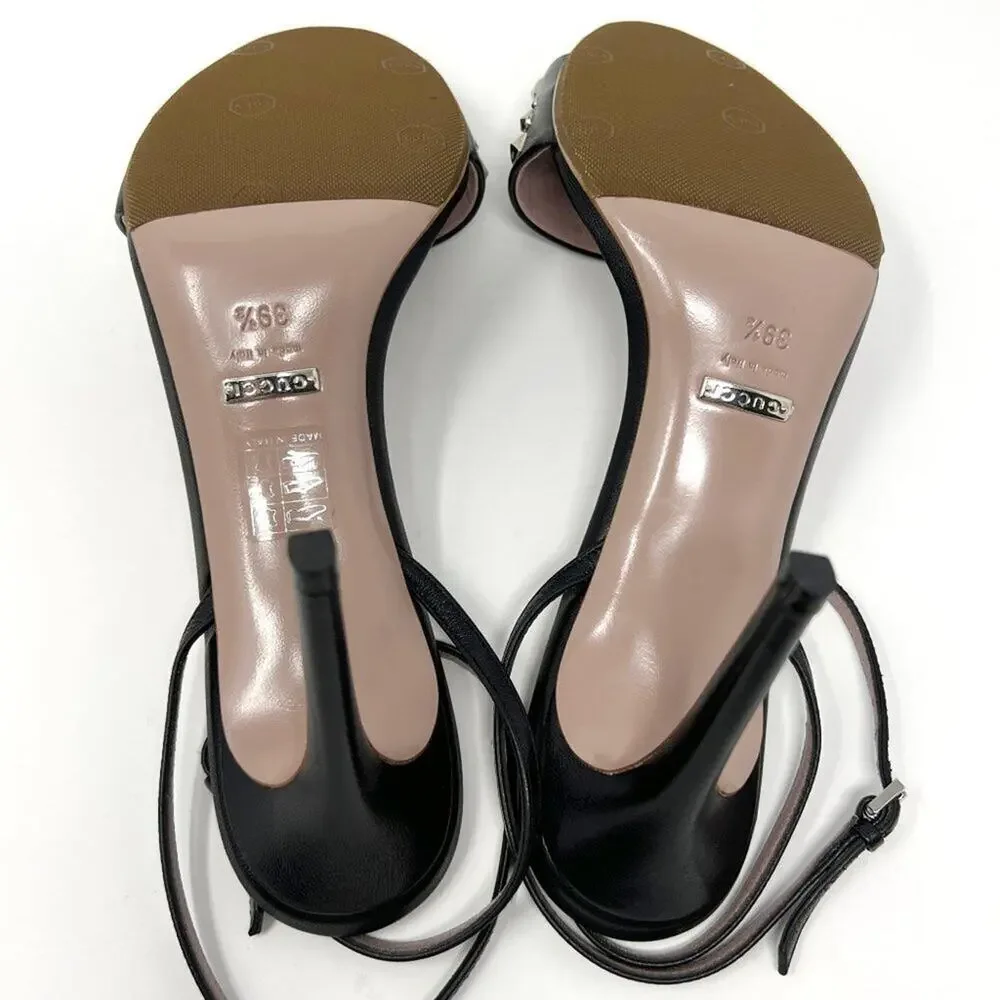 Gucci Sandals Black Leather Studded Ankle Strap Heels EU 39.5 / US 9.5 High Heel